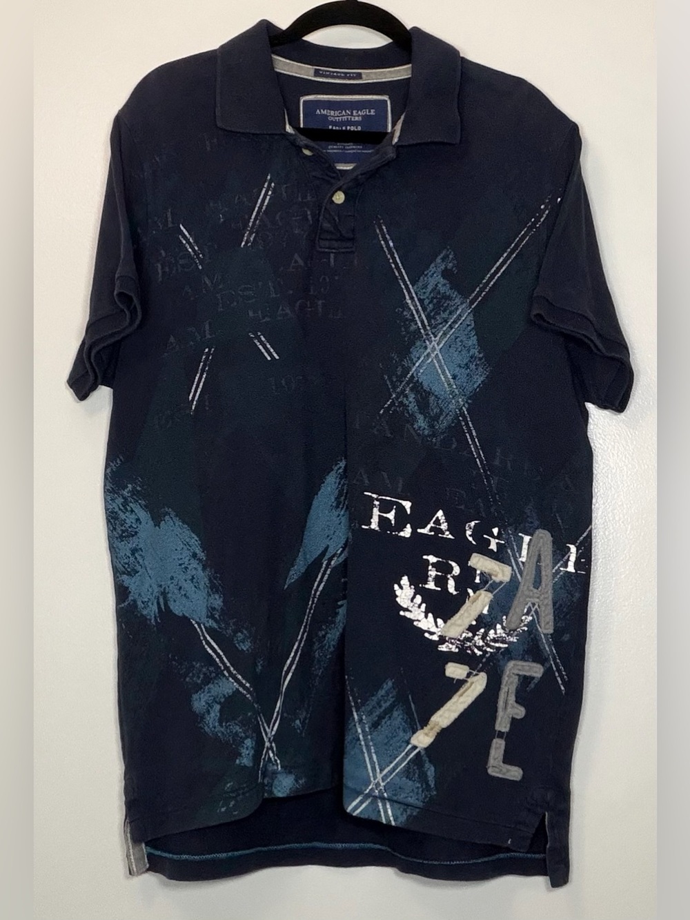 Vintage Y2K American Eagle Outfitters Navy Blue Graphic Polo Shirt